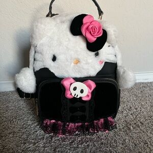 Hello Kitty White & Black Plush Backpack with Pink Rose and Skull Bow